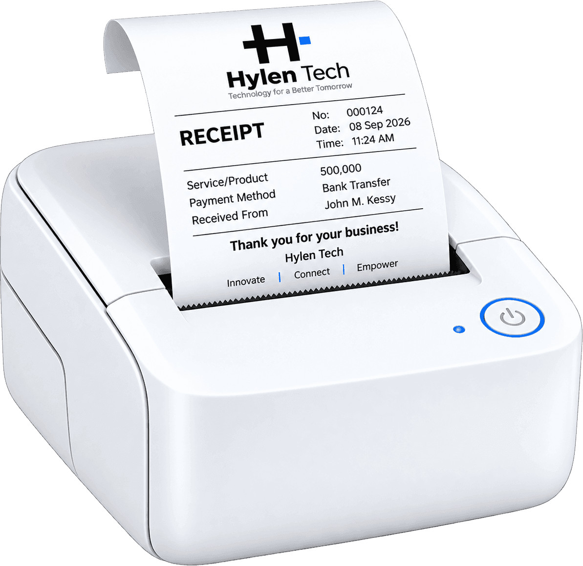 A thermal receipt printer with a printed receipt curling out of it, headed Hylen Tech and listing a receipt number, date, amount, and payment method.